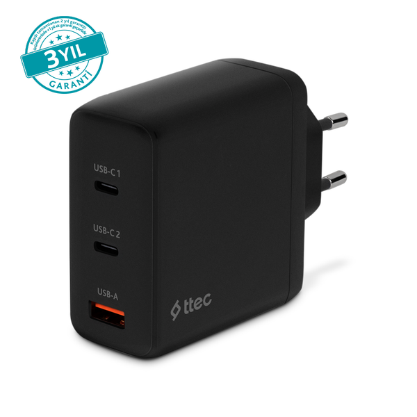 ttec SmartCharger Trio GAN 120W PD Seyahat Hızlı Şarj Aleti 2 USB-C+USB-A