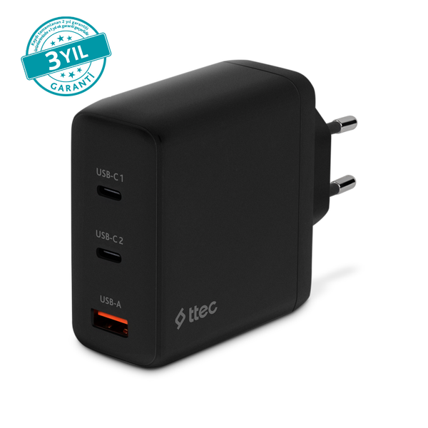 ttec SmartCharger Trio GAN 120W PD Seyahat Hızlı Şarj Aleti 2 USB-C+USB-A