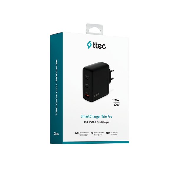 ttec SmartCharger Trio GAN 120W PD Seyahat Hızlı Şarj Aleti 2 USB-C+USB-A