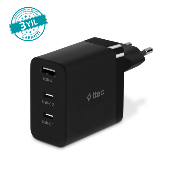 ttec SmartCharger Trio GAN 65W PD Seyahat Hızlı Şarj Aleti 2 USB-C+USB-A
