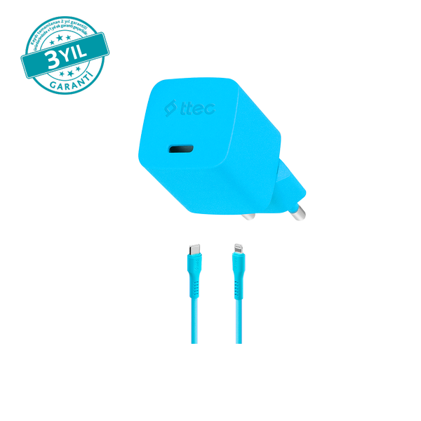 ttec SmartCharger GAN 20W PD Seyahat Hızlı Şarj Aleti + USB-C - Lightning 120cm Kablo Neon