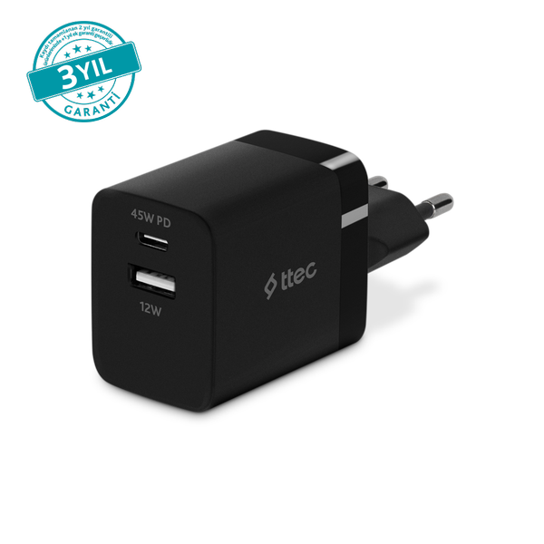 ttec SmartCharger Duo PD 45W Seyahat Hızlı Şarj Aleti USB-C+USB-A