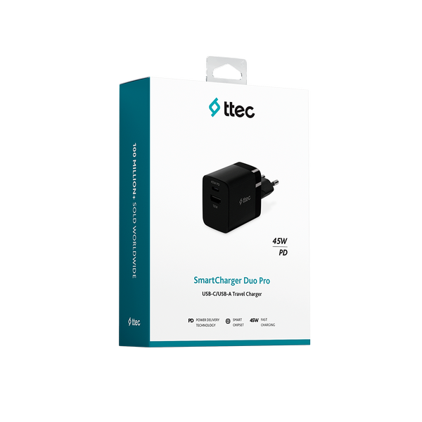 ttec SmartCharger Duo PD 45W Seyahat Hızlı Şarj Aleti USB-C+USB-A