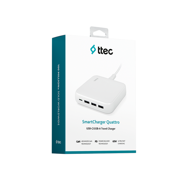 ttec SmartCharger Quattro GaN 65W PD Seyahat Hızlı Şarj Aleti USB-C + 3 USB-A