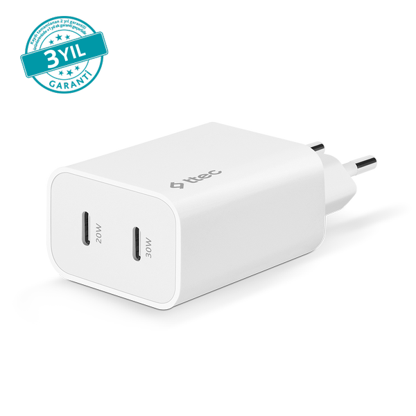 ttec SmartCharger Duo Pro GaN 50W PD Seyahat Hızlı Şarj Aleti USB-C + USB-C