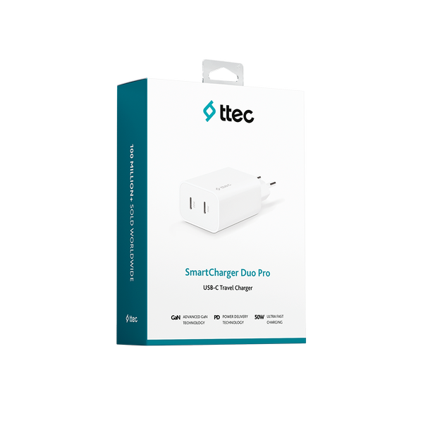 ttec SmartCharger Duo Pro GaN 50W PD Seyahat Hızlı Şarj Aleti USB-C + USB-C