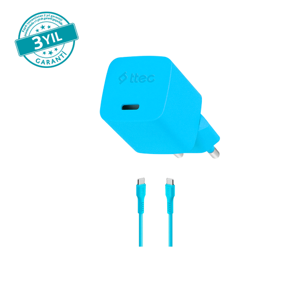 ttec SmartCharger GAN 20W PD Seyahat Hızlı Şarj Aleti + USB-C - USB-C 3A Kablo Neon