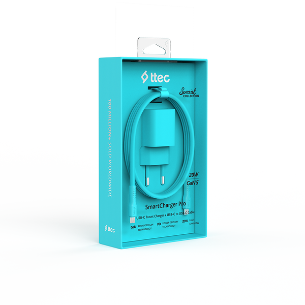 ttec SmartCharger GAN 20W PD Seyahat Hızlı Şarj Aleti + USB-C - USB-C 3A Kablo Neon