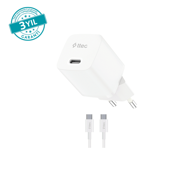 ttec SmartCharger GAN 30W PD Seyahat Hızlı Şarj Aleti + USB-C - USB-C 3A Kablo 2SCG30CB