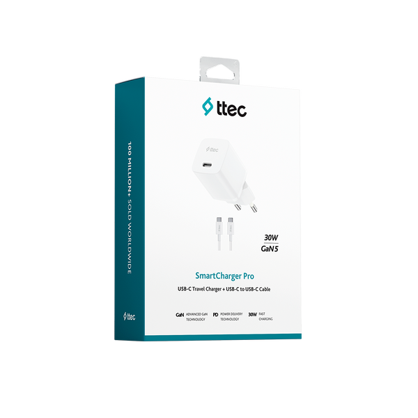 ttec SmartCharger GAN 30W PD Seyahat Hızlı Şarj Aleti + USB-C - USB-C 3A Kablo 2SCG30CB