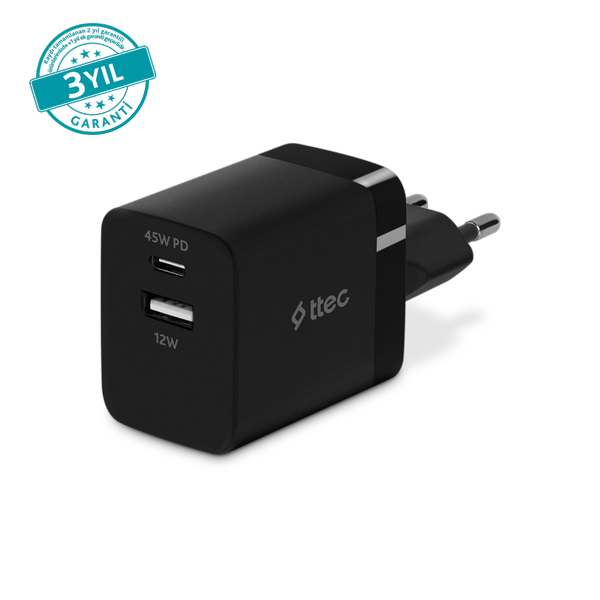 ttec SmartCharger Duo PD 45W Seyahat Hızlı Şarj Aleti USB-C+USB-A