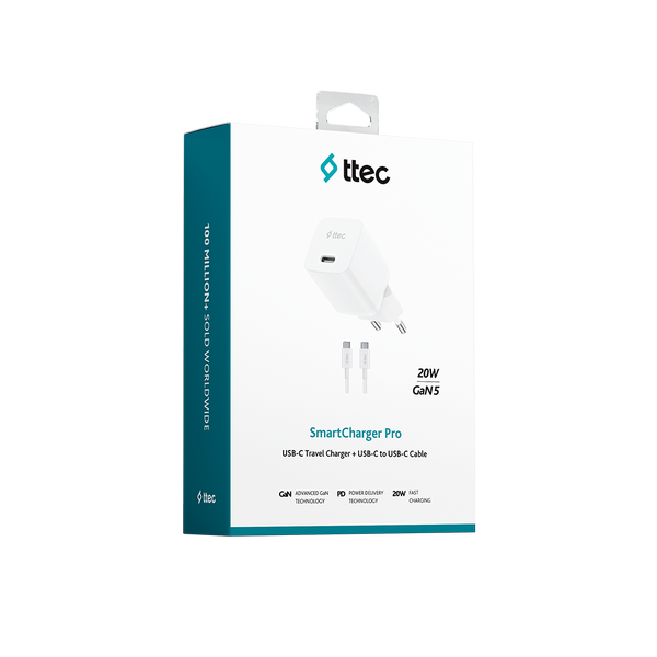 ttec SmartCharger GAN 20W PD Seyahat Hızlı Şarj Aleti + USB-C - USB-C 60W Kablo
