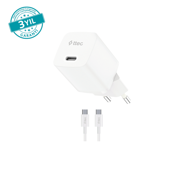 ttec SmartCharger GAN 30W PD Seyahat Hızlı Şarj Aleti + USB-C - USB-C 3A Kablo