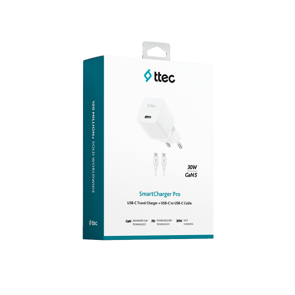 ttec SmartCharger GAN 30W PD Seyahat Hızlı Şarj Aleti + USB-C - USB-C 3A Kablo