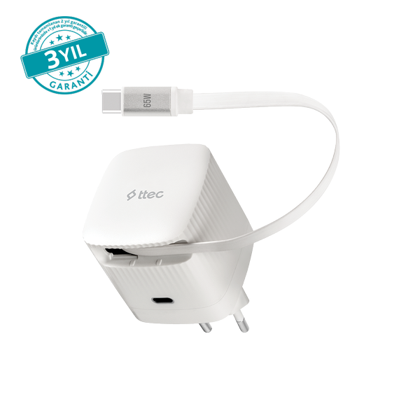 ttec SmartCharger Duo GAN 65W PD Seyahat Hızlı Şarj Aleti USB-C + Dahili PD 65W 70cm USB-C Şarj Kablosu