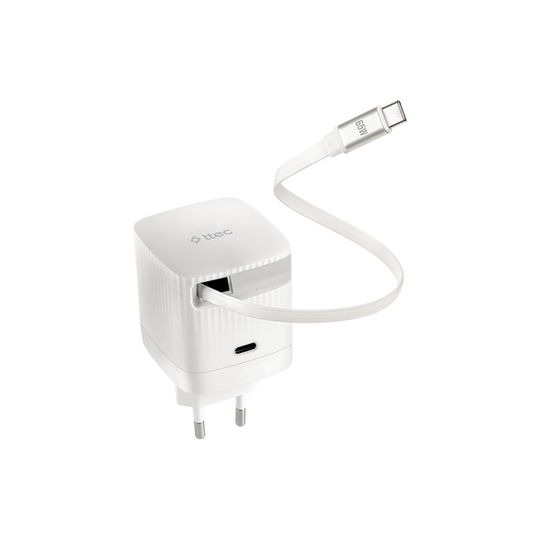 ttec SmartCharger Duo GAN 65W PD Seyahat Hızlı Şarj Aleti USB-C + Dahili PD 65W 70cm USB-C Şarj Kablosu