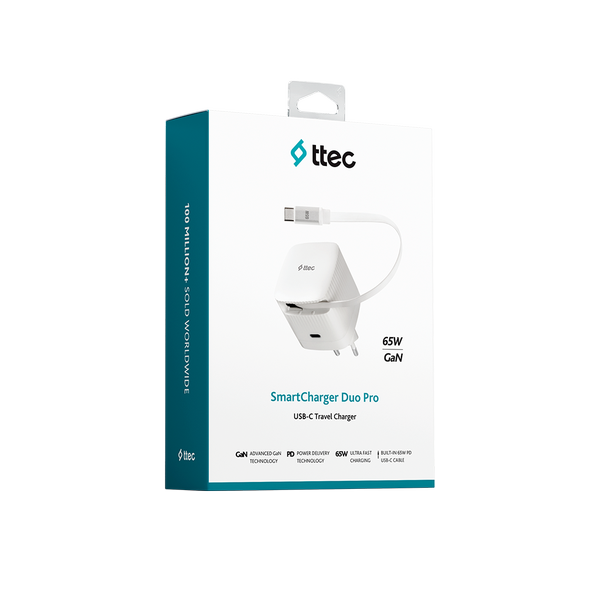 ttec SmartCharger Duo GAN 65W PD Seyahat Hızlı Şarj Aleti USB-C + Dahili PD 65W 70cm USB-C Şarj Kablosu