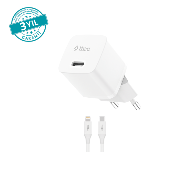ttec SmartCharger GAN 20W PD Seyahat Hızlı Şarj Aleti + USB-C - Lightning 150cm Kablo.