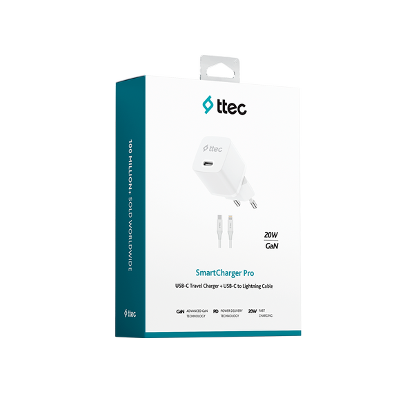 ttec SmartCharger GAN 20W PD Seyahat Hızlı Şarj Aleti + USB-C - Lightning 150cm Kablo.