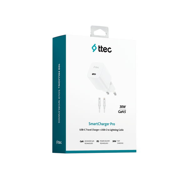 ttec SmartCharger GAN 30W PD Seyahat Hızlı Şarj Aleti + USB-C - Lightning 150cm Kablo 2SCG30LB
