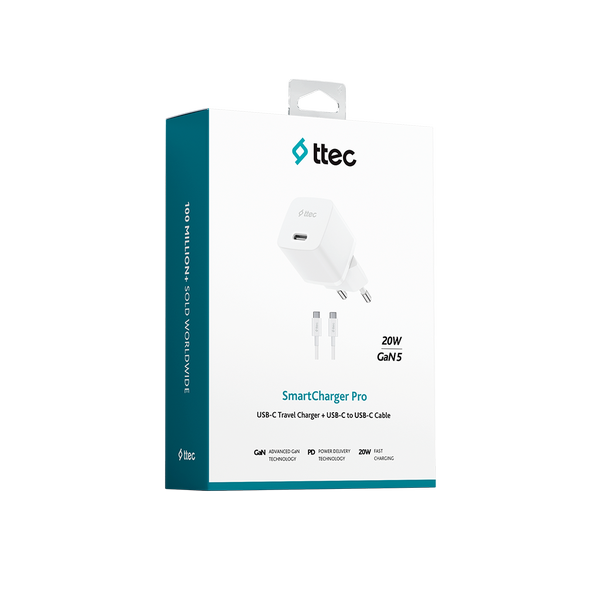 ttec SmartCharger GAN 20W PD Seyahat Hızlı Şarj Aleti + USB-C - USB-C 3A Kablo