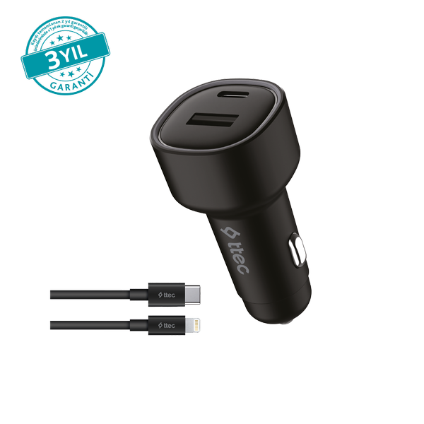 ttec SmartCharger Duo PD 48W Araç Hızlı Şarj Aleti USB-C+USB-A - USB-C-Lightning Kablo