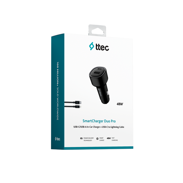 ttec SmartCharger Duo PD 48W Araç Hızlı Şarj Aleti USB-C+USB-A - USB-C-Lightning Kablo