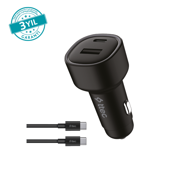 ttec SmartCharger Duo PD 48W Araç Hızlı Şarj Aleti USB-C+USB-A - USB-C-USB-C 3A Kablo