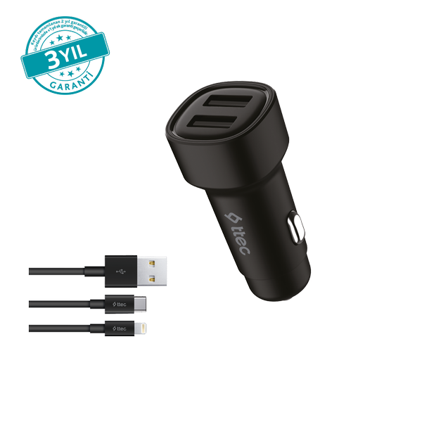 ttec SmartCharger Duo 3.1A Araç Şarj Aleti Çift USB + USB-C ve Lightning Kablo