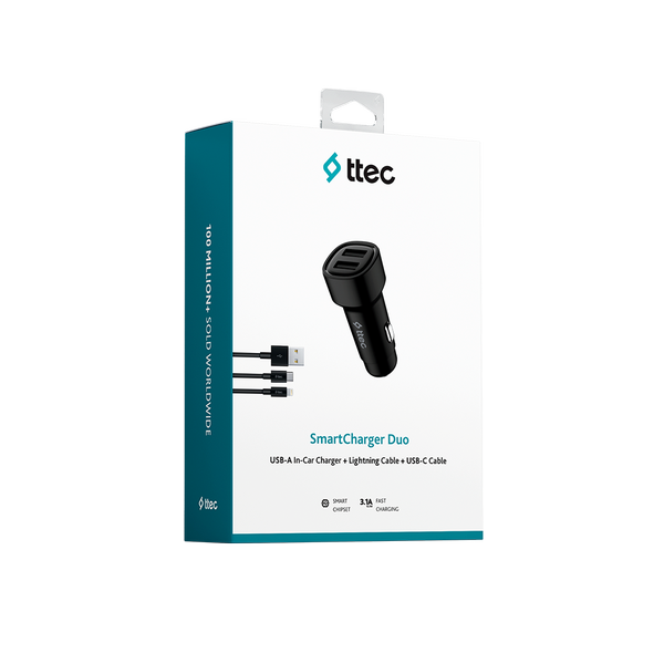 ttec SmartCharger Duo 3.1A Araç Şarj Aleti Çift USB + USB-C ve Lightning Kablo