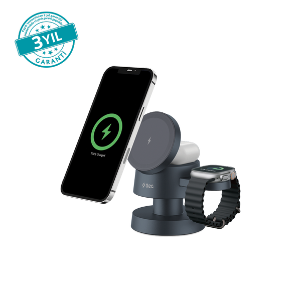 ttec AirCharger Quattro Mini MagSafe Uyumlu 4’ü 1 Arada iPhone + Apple Watch + AirPods LED Aydınlatmalı Kablosuz Katlanabilir Şarj Standı - 2KS36S