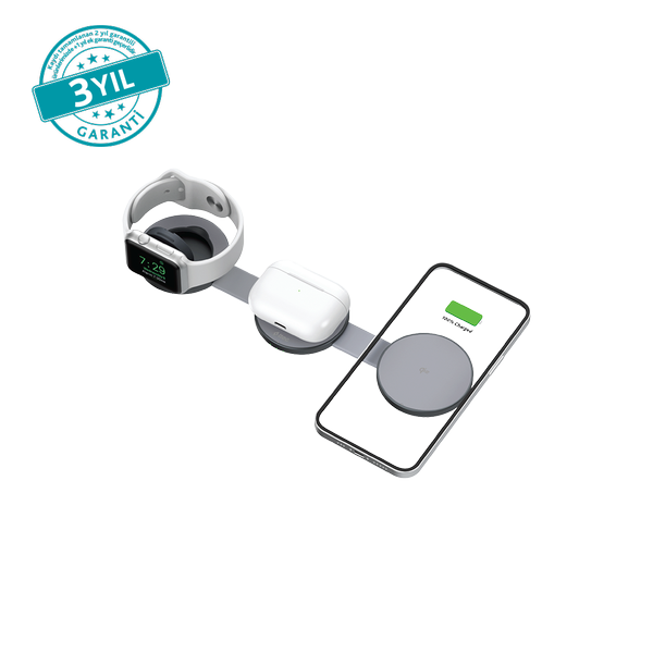 AirCharger Trio Pro Qi2/MagSafe Özellikli 15W iPhone/Android 3’ü 1 Arada iPhone + Apple Watch + AirPods Katlanabilir Seyahat Kablosuz Hızlı Şarj Pedi - 2KS39S