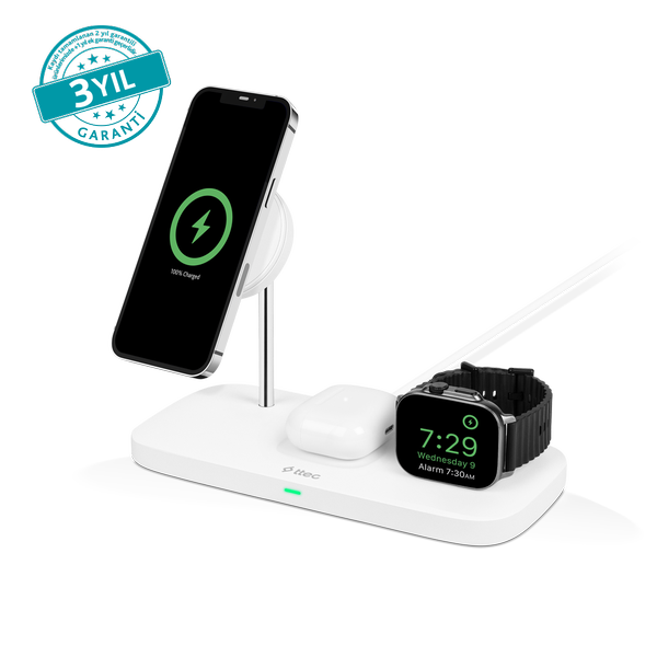 ttec AirCharger Trio Up MagSafe Uyumlu 3ü 1 Arada iPhone + Apple Watch + AirPods Kablosuz Şarj Standı
