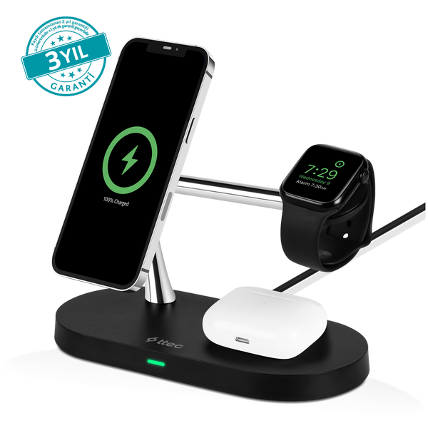 ttec AirCharger Quattro M MagSafe Uyumlu 4ü1 Arada iPhone + Apple Watch + AirPods LED Aydınlatmalı Kablosuz Şarj Standı