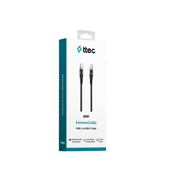 ttec ExtremeCable Ekstra Dayanıklı Transparan USB-C –USB-C 60W PD/QC 120cm Hızlı Şarj/Data Kablosu , Siyah