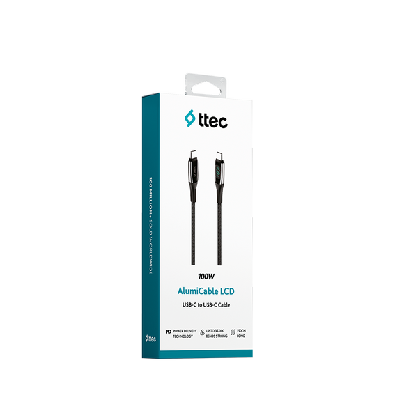ttec AlumiCable LCD USB-C – USB-C 100W PD/QC 150cm Hızlı Şarj/Data Kablosu ,Siyah