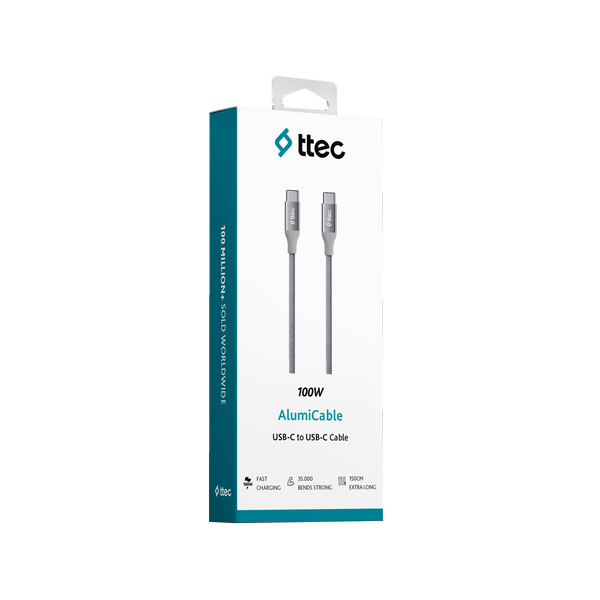 ttec AlumiCable USB-C - USB-C 150cm 100W PD/QC Hızlı Şarj/Data Kablosu Uzay Grisi