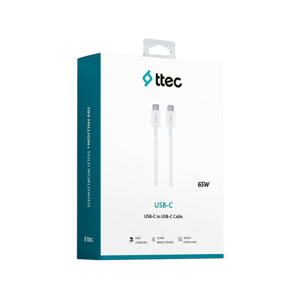 ttec USB-C - USB-C 300cm 60W PD/QC Hızlı Şarj/Data Kablosu Beyaz