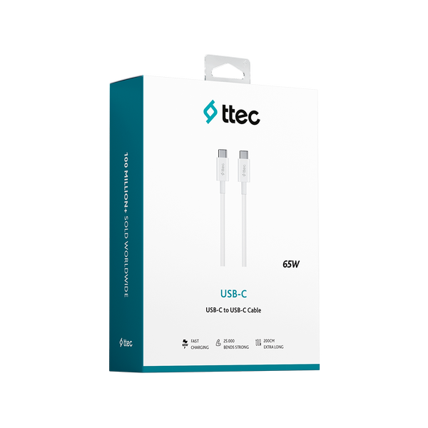 ttec USB-C - USB-C 200cm 60W PD/QC Hızlı Şarj/Data Kablosu Beyaz