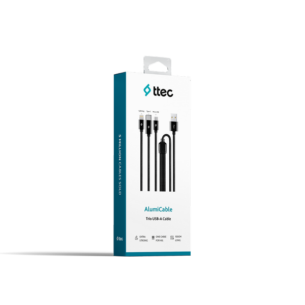 ttec AlumiCable Trio Şarj Kablosu 1mt. USB-A - USB-C / Lightning / Micro USB