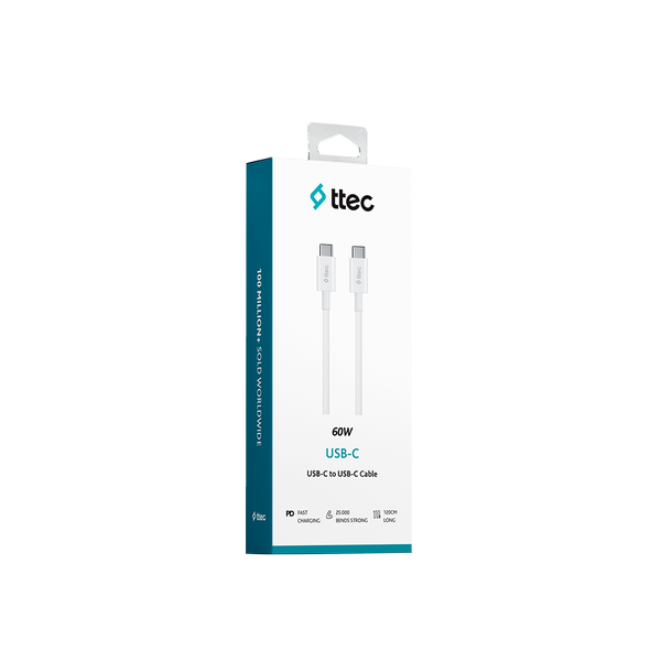 ttec USB-C - USB-C 120cm 60W PD/QC Hızlı Şarj/Data Kablosu Beyaz
