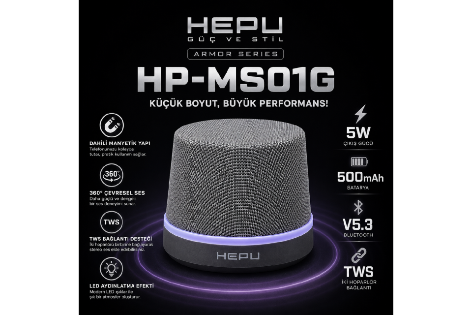 HEPU HP-MS01  Armor Manyetik Bluetooth Hoparlör – 5W Ses Çıkışı, Bluetooth 5.3, TWS Özellikli