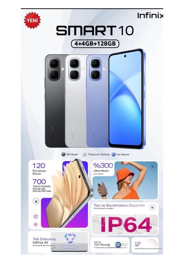 INFINIX Smart 10 128GB 4+4 GB Ram Siyah (Infinix Türkiye Garantili)